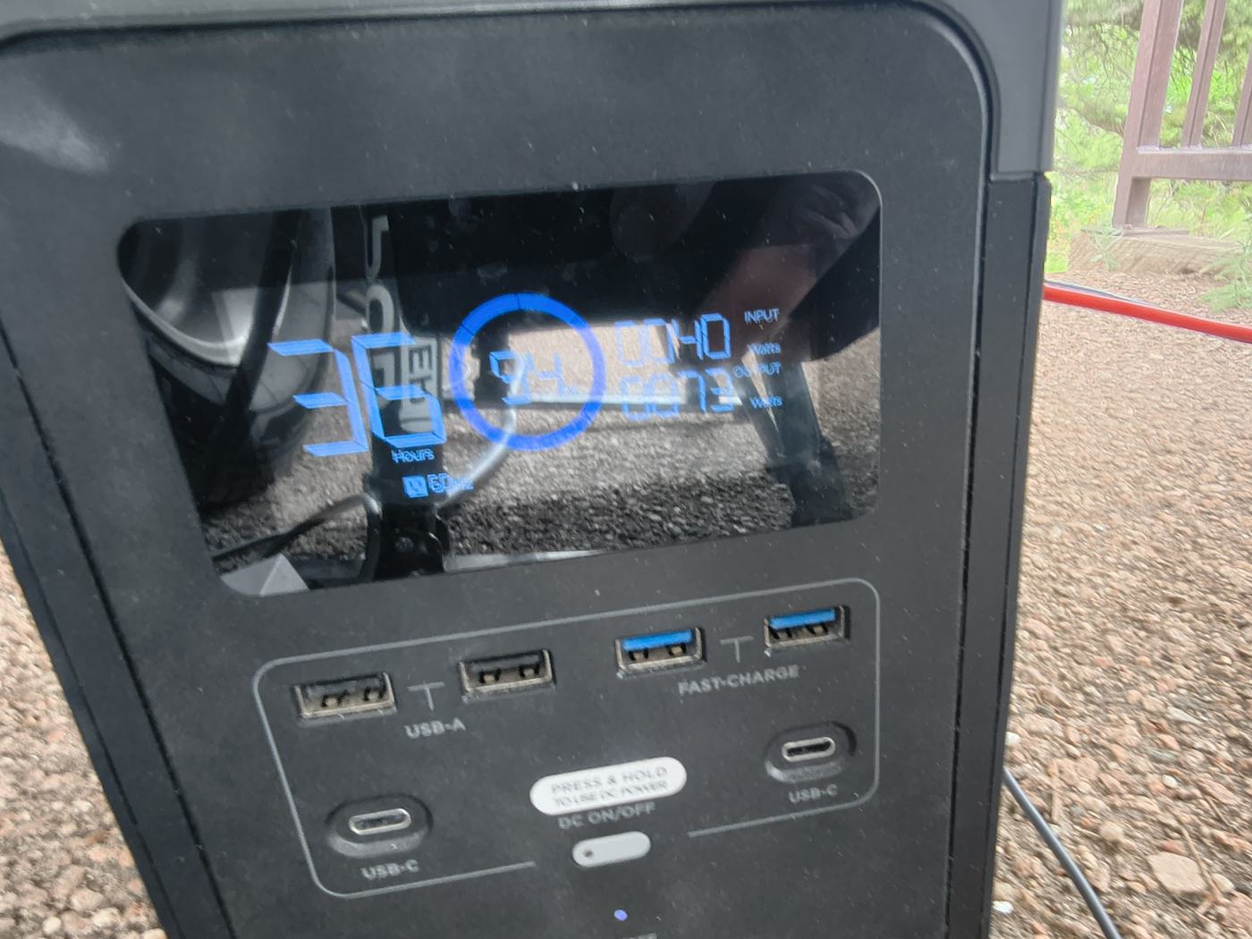 EcoFlow power station display showing 94 percent battery, 40 watts input, 73 watts output, 36 hours of runtime